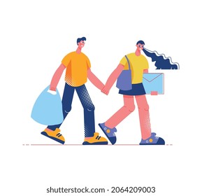 Composición plana de compras familiares con personajes de hombres y mujeres tomados de la mano con bolsas de compras ilustración vectorial