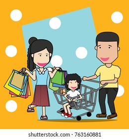 Family shopping Flat style vector illustration isolated on color background.