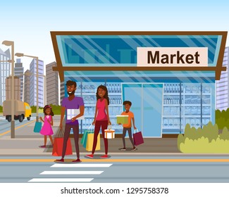 Family Shopping Flat Vector Concept. Happy African-American Parents with Kids Walking on City Street, Carrying Shopping Packets and Gift Boxes after Leaving Grocery Store, Shop or Market Illustration