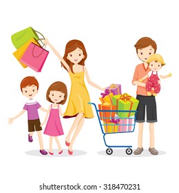 Family Shopping and Gift Box in Cart, Goods, Celebration, lifestyle, Relationship, Togetherness