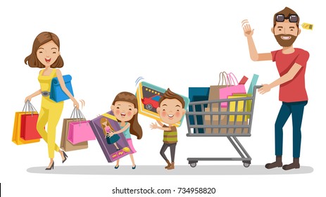 Family shopping in Holiday. Happy family with shopping. Father, mother, son, daughter.    Big discount. Purchasing of goods, gifts, Toys, dolls, cars. Vector illustration 