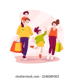 Family shopping isolated cartoon vector illustration. Smiling family with kids holding many bags, at mall together, happy with purchase, children with boxes, shopping center vector cartoon.