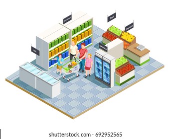 Family Shopping Isometric Composition Of Convenient Store Interior Parents And Kids Human Characters With Grocery Cart Vector Illustration