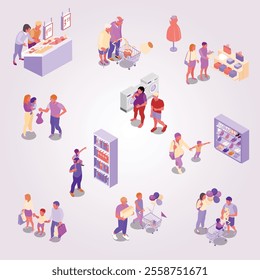 Family shopping isometric flowchart adults and kids in various departments of mall vector illustration