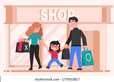 Family, shopping, leisure, motherhood, fatherhood, childhood concept. Happy woman mom and man dad characters with child kid daughter go to shop with grocery bags and food packages. Mothers fathers day