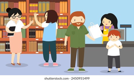 Family shopping in the library. Vector illustration in flat cartoon style.