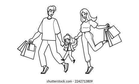 family shopping line pencil drawing vector. mother child, kid happy, woman girl, man father, daughter purchase young family shopping character. people Illustration