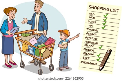 family shopping at the market and shopping list cartoon vector