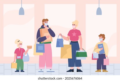 Family shopping in medical masks during virus or flu pandemic. Precautions during disease outbreak and quarantine concept, flat cartoon vector illustration.