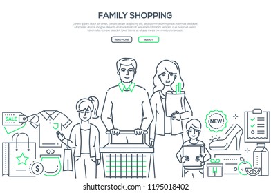 Family shopping - modern line design style banner on white background with copy space for text. A composition with young parents with children, cart, images of products, buying list. Discount, sales