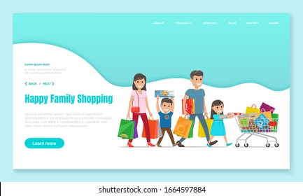 Family shopping, mother and father with bags, son carries box and daughter pushes cart or trolley, landing web page vector. Purchases and gifts, holiday sale. Parents and children in mall illustration