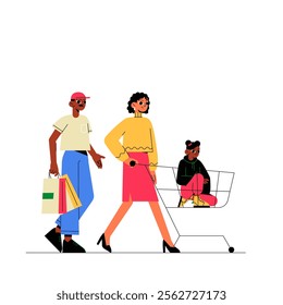 Family Shopping With Mother Pushing Cart And Father Holding Bags In Flat Vector Illustration Symbolizing Family Bond, Shopping, And Togetherness, Isolated On White Background