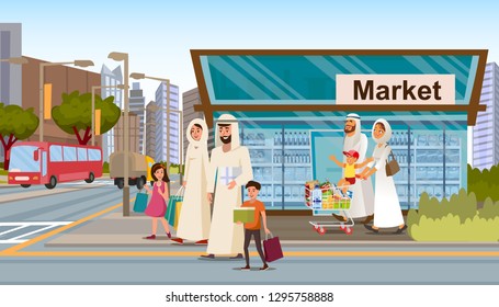 Family Shopping In Muslim District Flat Vector. Happy Muslim Parents Wearing In Arabic Ethnic Clothes Walking Street With Kids, Carrying Packets, Leaving Grocery Store With Shopping Cart Full Of Goods