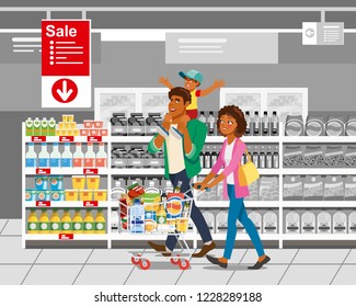 Family Shopping on Supermarket Sale Cartoon Vector Illustration with Arfrican-American Father, Mother and Boy Pushing Shopping Cart near Shelves with Groceries in Supermarket. Best Offer on Market