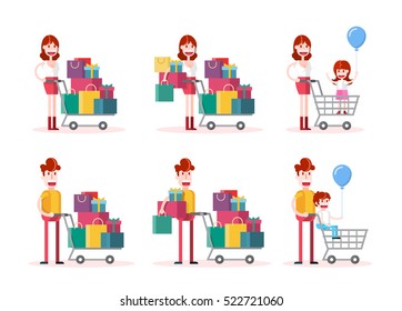 Family Shopping on White Background. Isolated Flat Vector Illustration.