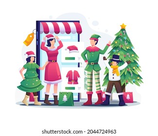 The Family is shopping online via smartphone and trying on Christmas outfits to celebrate Christmas and new year. Flat vector illustration