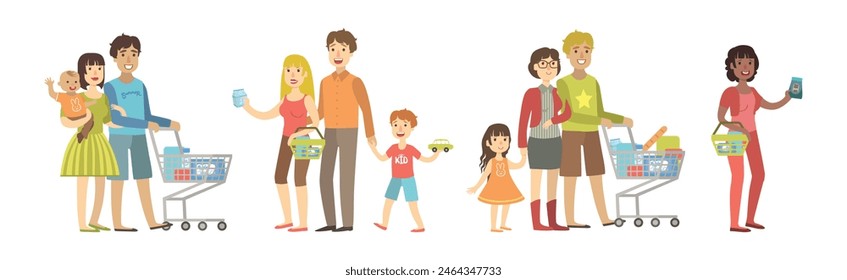 Family Shopping with Parent and Kids at Grocery Store Vector Set