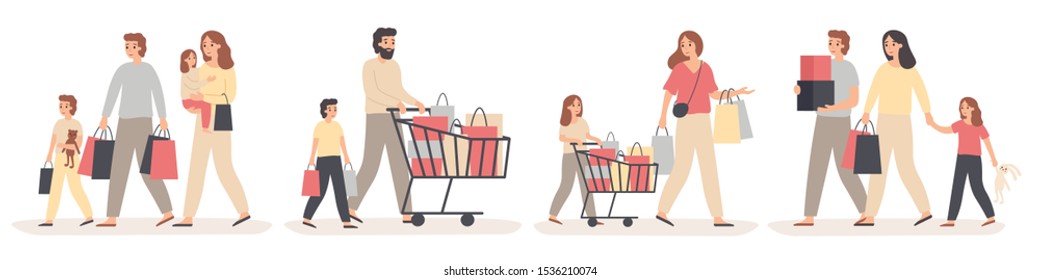 Family shopping. Parents buy gifts for happy kids, young couple with childrens in store and family sale. Character with purchase bag, family food purchasing. Isolated vector illustration icons set