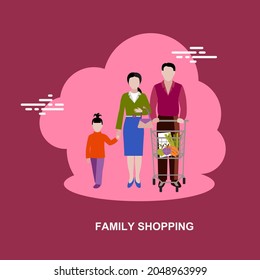 Family shopping with parents with childrens flat concept design
