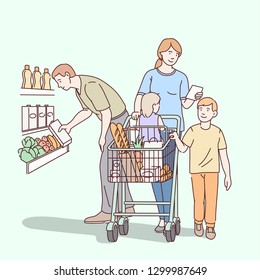 Family shopping. Parents and two kids choosing & buying food together Mother pushing supermarket shopping cart. Man, woman and children doing purchases in grocery store. Flat line vector illustration