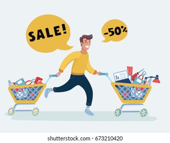 Family Shopping Run Trolley Sale Discount Vector Illustration