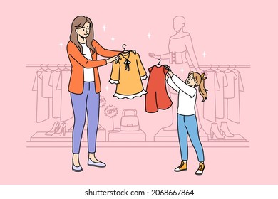 Family shopping and sales concept. Happy mother and daughter holding dressed trying to choose clothing during shopping together vector illustration 