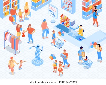 Family shopping scene near cash desk of mall parents and kids during goods choice isometric vector illustration