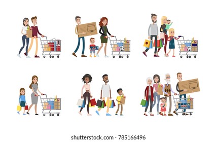 Family at shopping set. Parents and children, grandparents and babies.