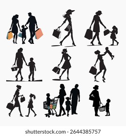 Family Shopping Silhouette Woman Daughter Woman Child and Girl Vector Art Illustration white Background