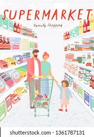 Family shopping in the supermarket. Cute vector illustration of a family walking around a store with a shopping trolley. Mother, father and child with products on sale. Drawing by hand for a poster