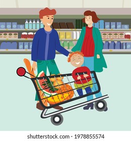 Family Shopping In The Supermarket. Parents With Son Buying Groceries In Shop. Child Sitting In Supermarket Trolley. Fun Lifestyle Of Cartoon Characters In Mall.