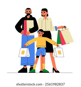 Family Shopping Together Holding Bags And Gifts In Flat Vector Illustration Symbolizing Bonding, Retail, And Festive Shopping, Isolated On White Background