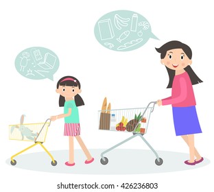 Family Shopping Together. Mom And Daughter With Supermarket Trolley. Shopping With Kid. People In Shopping Mall/ Supermarket /grocery Shop/ Icons. Lifestyle Situations Icons.