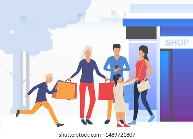 Family shopping together. Parents, children, nurturing. Family concept. Vector illustration for webpage, landing page