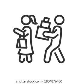 The family is shopping together. A woman carries a package, a man carries three boxes, linear icon. Editable stroke