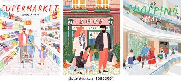 Family shopping. A vector illustration of people in a store shopping, handwritten drawings in the supermarket and in the mall.