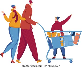 Family shopping winter season cartoon characters. Woman gesturing talking man shopping cart child pointing. Grocery store trip parents kid winter clothes