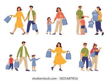 Family Shopping. Woman Food Bag, Couple Running To Shop. Mom Carry Bags, Parents Buying Clothes To Kids. Customers In Mall Vector Characters