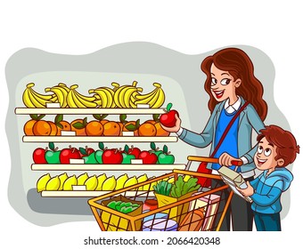 Compras familiares.madre e hijo comprando comestibles.compras para ilustraciones de vectores de cocina.