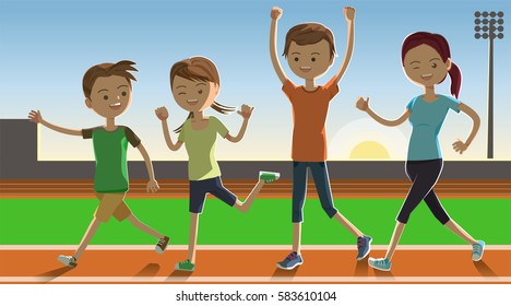 Family show a power at dawn. Fun Fitness. enjoy life with parent. Running in the stadium.