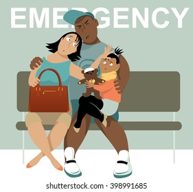 Family With A Sick Child Waiting In A Hospital, EPS 8 Vector Illustration, No Transparencies