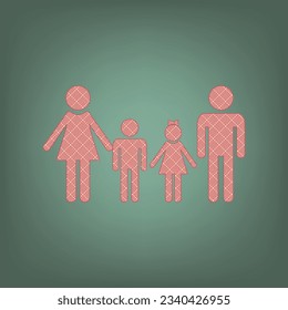 Family sign. Apricot Icon with Brick Red parquet floor graphic pattern on a Ebony background. Feldgrau. Green. Illustration.