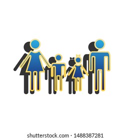 Family sign. Blue icon with gold contour with dark gray shadow at white background. Illustration.