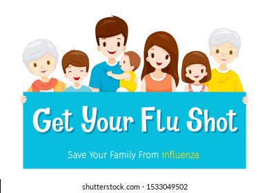 Family With Sign Of Get Your Flu Shot, Take Care Of Family Health By Injecting Flu Vaccine, Influenza, Injection, Vaccination, Immunity, Protection, Prevention, Healthy