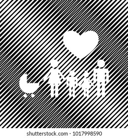 Family sign with heart. Husband and wife are kept children's hands. Vector. Icon. Hole in moire background.