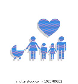 Family sign with heart. Husband and wife are kept children's hands. Vector. Neon blue icon with cyclamen polka dots pattern with light gray shadow on white background. Isolated.