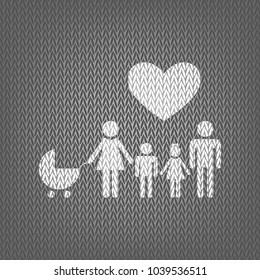 Family sign with heart. Husband and wife are kept children's hands. Vector. White knitted icon on gray knitted background. Isolated.