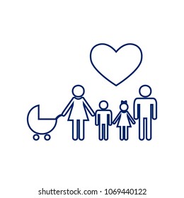 Family sign with heart. Husband and wife are kept children's hands. Vector. Flat style black icon on white.