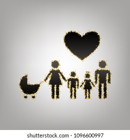 Family sign with heart. Husband and wife are kept children's hands. Vector. Blackish icon with golden stars at grayish background.