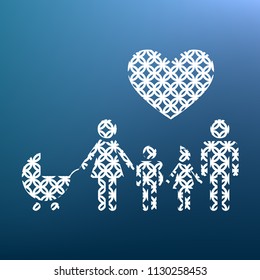 Family sign with heart. Husband and wife are kept children's hands. Vector. White textured icon at lapis lazuli gradient background.